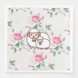 Serviette En Papier Mouton blanc avec agneau bébé et fleurs de rose