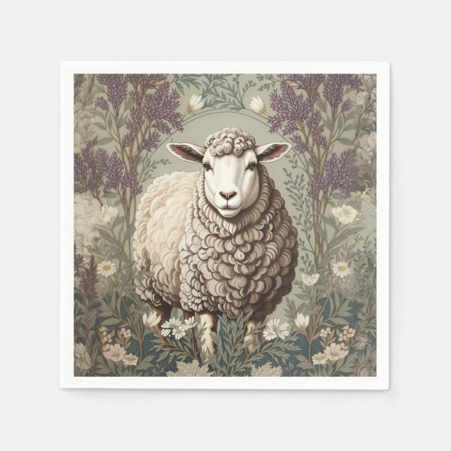 Serviette En Papier Moutons Élégants Fond De Fleur De Lavande (Devant)