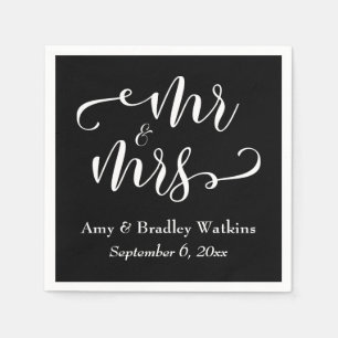 Serviette En Papier "Mr and Mrs" Elegant White Script sur Mariage noir