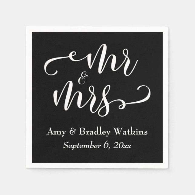 Serviette En Papier "Mr and Mrs" Elegant White Script sur Mariage noir (Devant)
