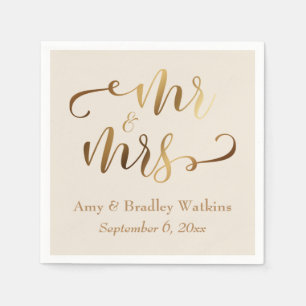 Serviette En Papier "Mr and Mrs" Faux Gold Foil Script sur crème