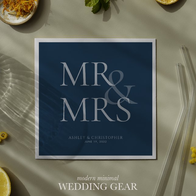 Serviette En Papier MR&MRS. Minimal typographique Navy Blue Cocktail (Créateur téléchargé)