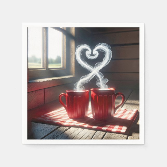 Serviette En Papier Mugs Rouges Avec Connexion Coeur Vapeur (Devant)