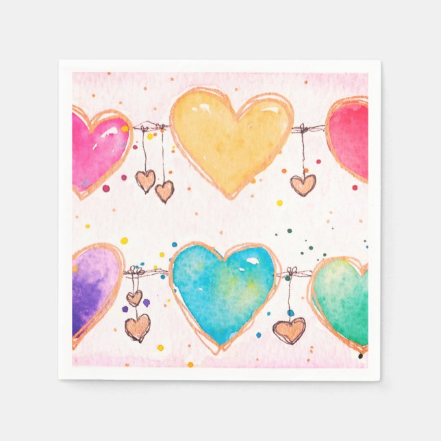 Serviette En Papier Multi Heart Watercolor Valentine Cocktail Napkin (Devant)