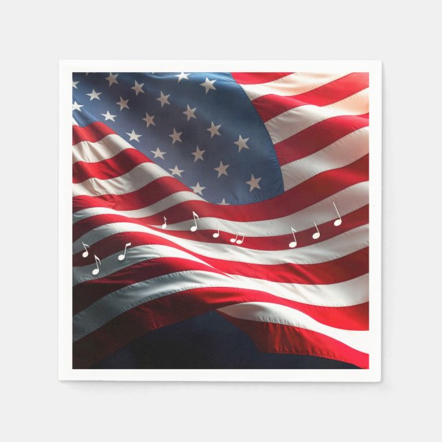 Serviette En Papier Musical Notes Floating On an American Flag (Devant)