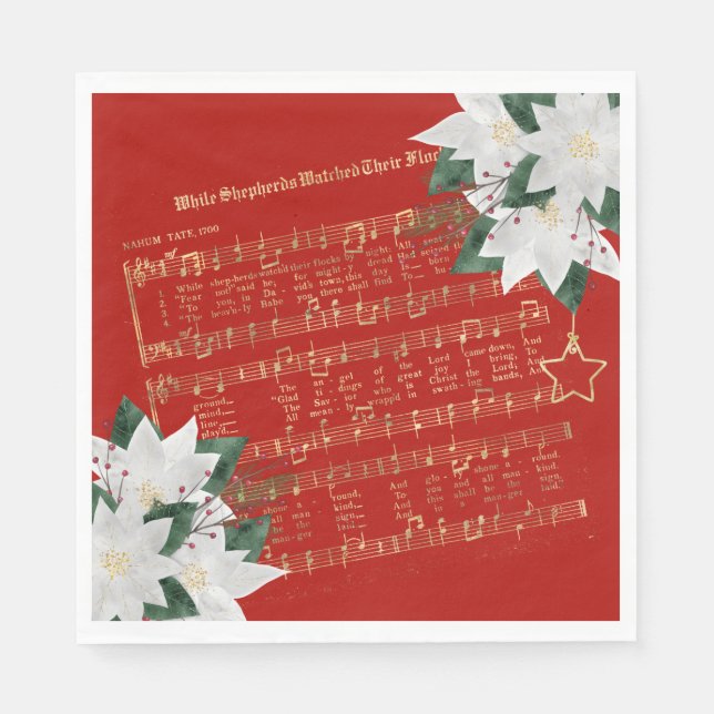 Serviette En Papier Musique Gold White Poinsettia Hymn Noël (Devant)