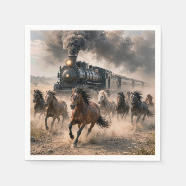Serviette En Papier Mustangs sauvages courant le long d'un train vinta (Devant)