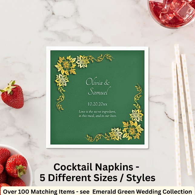 Serviette En Papier Names Date Message Emerald Green & Gold Cocktail (Créateur téléchargé)