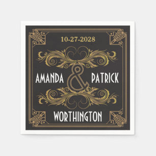 Serviette En Papier Napkins Art Déco Vintage Black et Mariage Gold