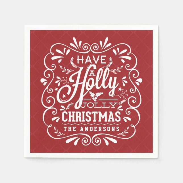 Serviette En Papier Napkins Holly Jolly Christmas Chalk Art Red Paper (Devant)