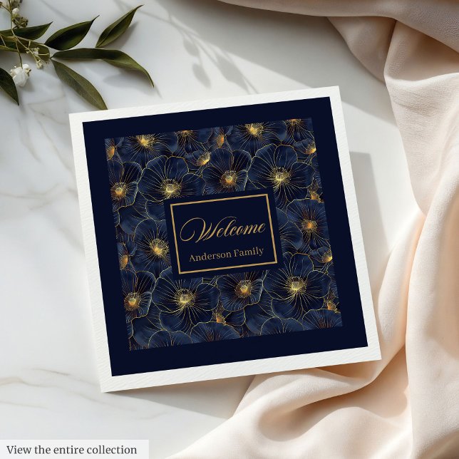 Serviette En Papier Naples à fleurs d'or Marine Style Monogramme moder (Navy Gold Flower Napkins Modern Monogram Style)