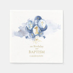 Serviette En Papier Naples Bleu et Or 1er Anniversaire et Baptême