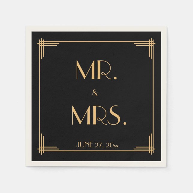 Serviette En Papier Naples de Mariage Art Déco Gatsby Noir (Devant)