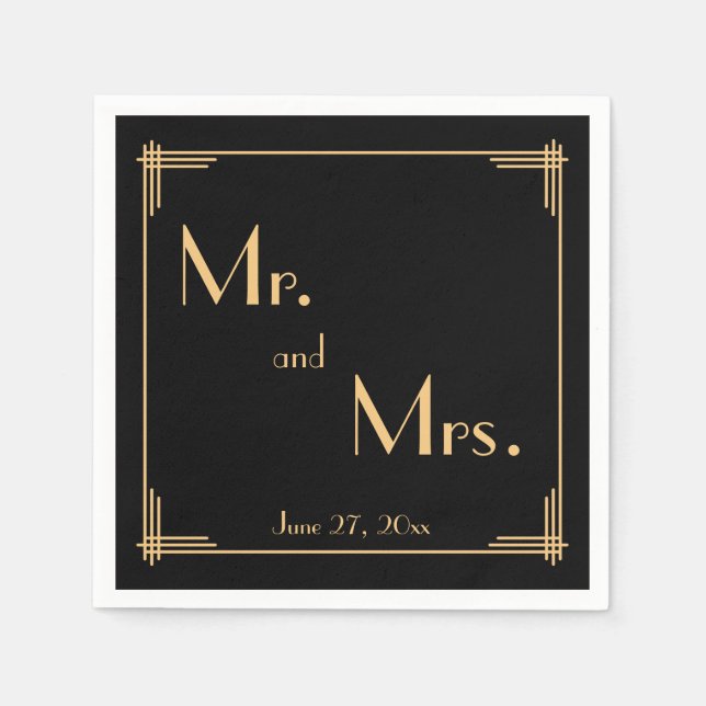Serviette En Papier Naples de Mariage Art Déco Gatsby Noir (Devant)