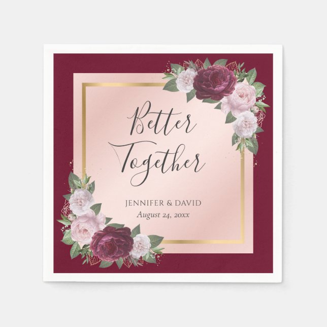 Serviette En Papier Naples de Mariage Floral Burgundy Gold Blush (Devant)
