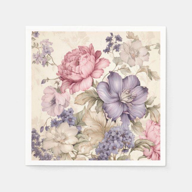 Serviette En Papier Naples Florales Blanches Violet (Devant)