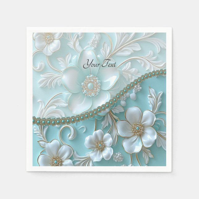 Serviette En Papier Naples turquoises de fleurs blanches (Devant)