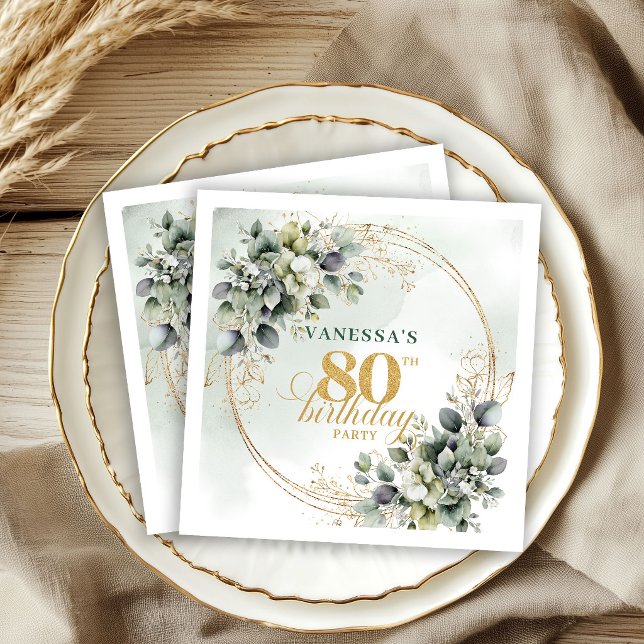 Serviette En Papier Nappes 80e Anniversaire de Mariage Rustique Vert e (Rustic Greenery and Gold 80th Birthday Napkins)