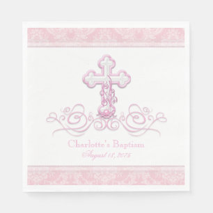 Serviette En Papier Nappes en papier croix damassée rose pour baptême