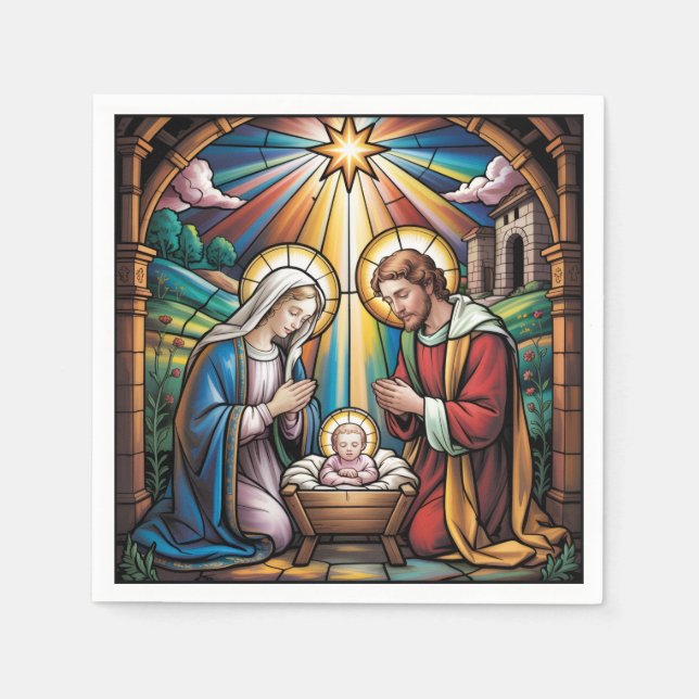 Serviette En Papier Nativity Stained Glass Art – Holy Family Christmas (Devant)