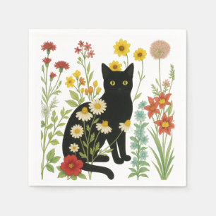 Serviette En Papier Nature botanique – Chat noir dans un jardin de fle