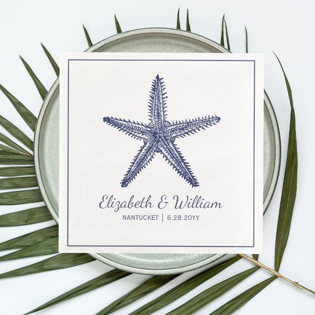 Serviette En Papier Nautical Beach Wedding Rustic Navy Blue Starfish (Créateur téléchargé)