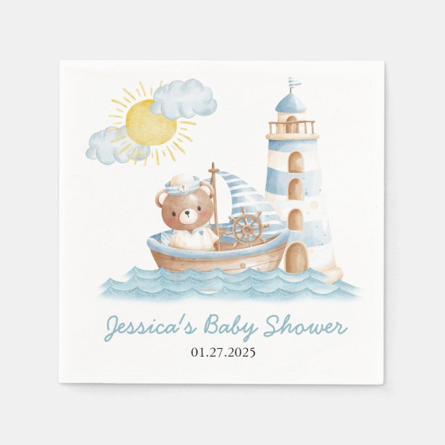Serviette En Papier Nautical Bear Watercolor Boat Baby Shower  (Devant)