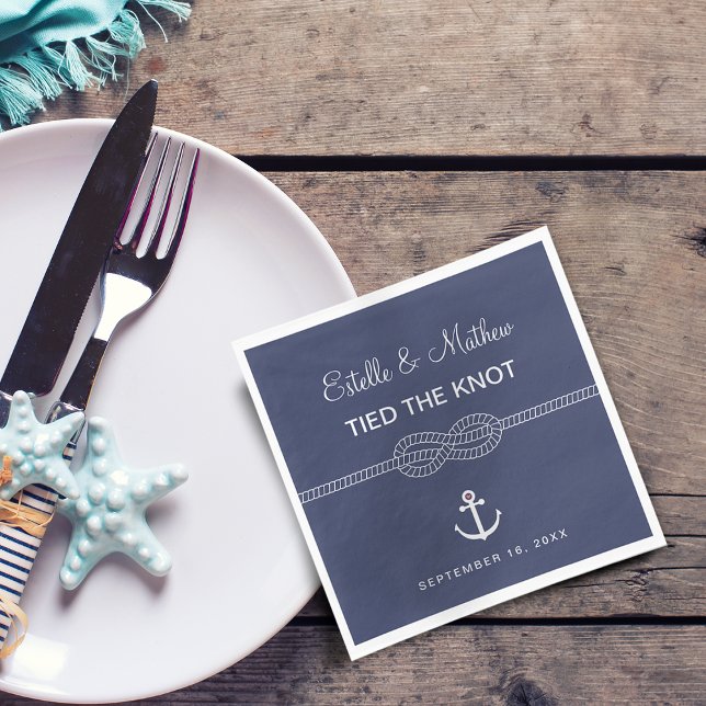 Serviette En Papier Nautical Bleu Marine Noeud Papillon Mariage (Nautical Navy Blue Tied the Knot Wedding Napkins)