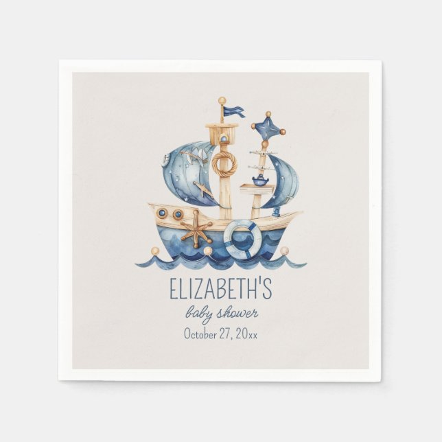 Serviette En Papier Nautical Blue Sailing Ship Baby Shower (Devant)
