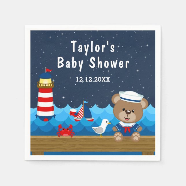 Serviette En Papier Nautical Boy Bear Baby shower rouge et marine (Devant)