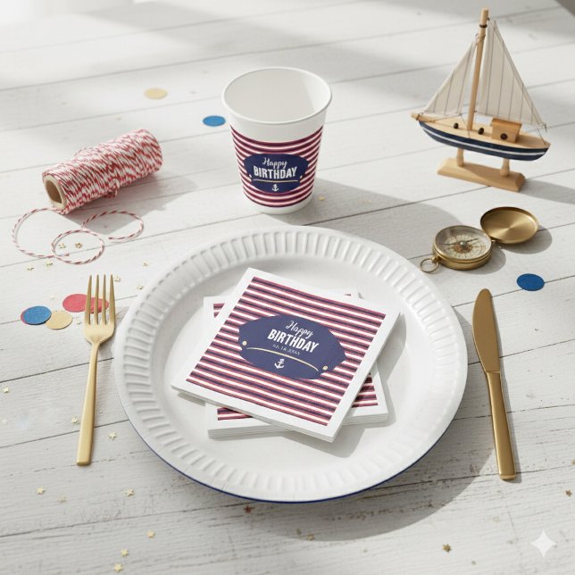 Serviette En Papier Nautical Captain Hat Birthday Navy & Red Stripes K (Créateur téléchargé)