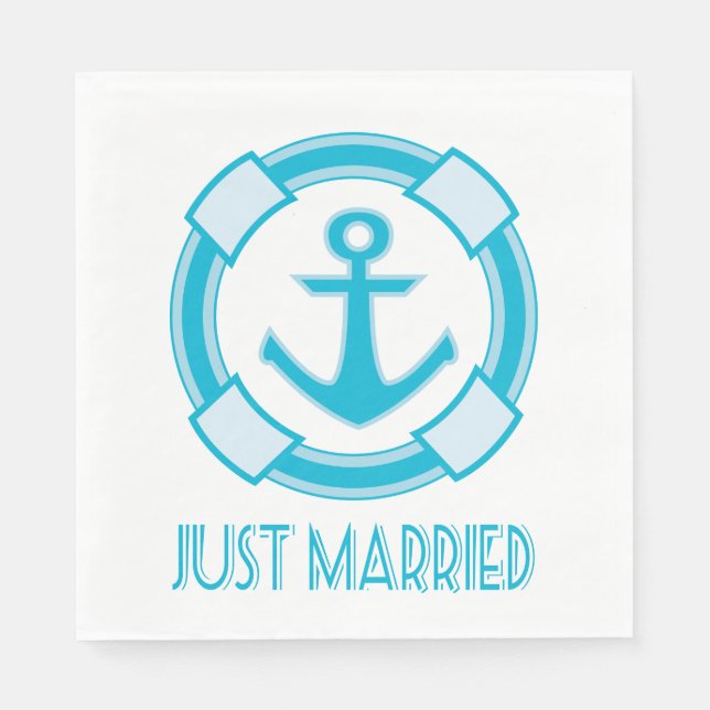 Serviette En Papier Nautical Juste Marié Blue Turqoise Mariage Ancre (Devant)