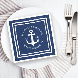 Serviette En Papier Nautical Navy Bleu Blanc Nom de famille Ancre