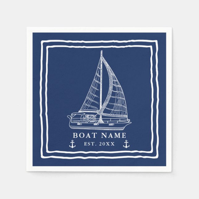 Serviette En Papier Nautical Navy Bleu Blanc Voilier Ancre Nom du bate (Devant)