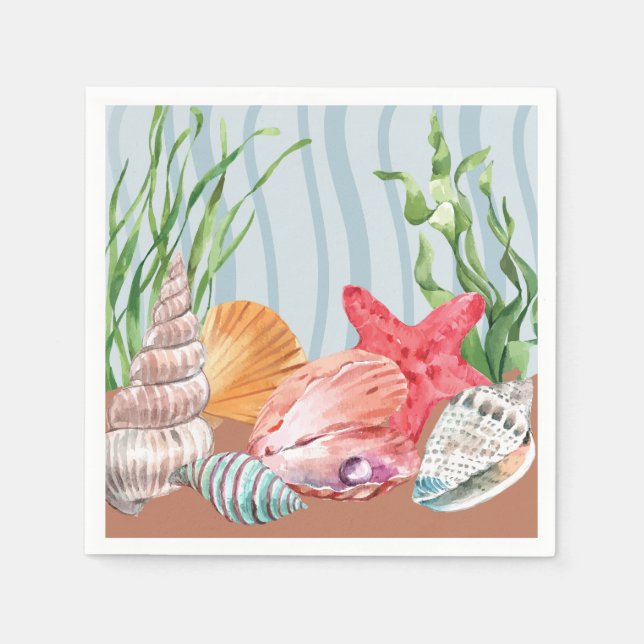 Serviette En Papier Nautical Seashell Blue Watercolor Plage Mariage (Devant)
