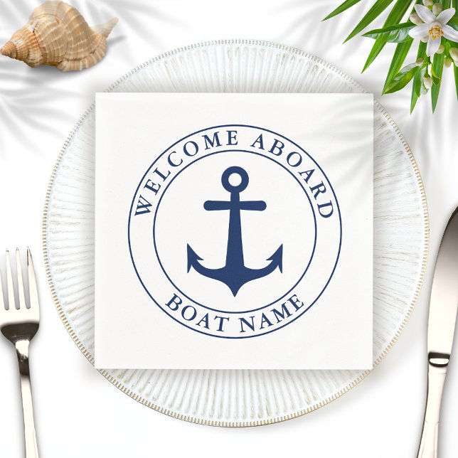 Serviette En Papier Nautical White Marine Blue Ancre Nom du bateau (Créateur téléchargé)