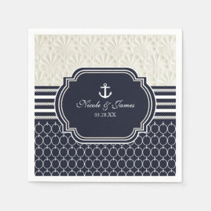 Serviette En Papier Nautique Marine & White Elegant Beach Mariage