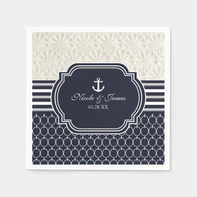 Serviette En Papier Nautique Marine & White Elegant Beach Mariage (Devant)