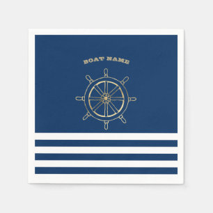 Serviette En Papier Nautique, Roue de bateau dorée, Rayures bleu marin