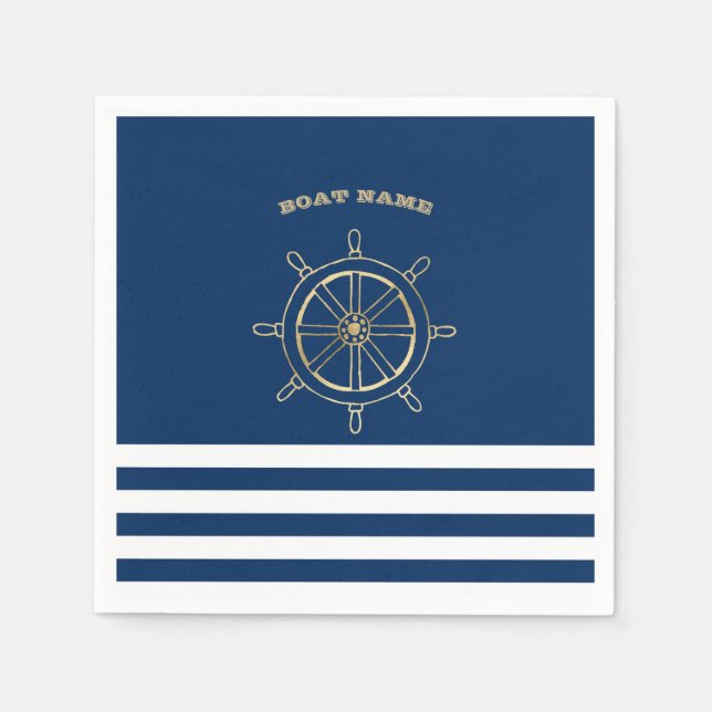 Serviette En Papier Nautique, Roue de bateau en or, Bleu de marine (Devant)