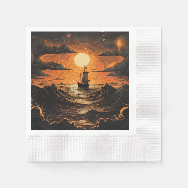 Serviette En Papier Navire naviguant la nuit (Devant)