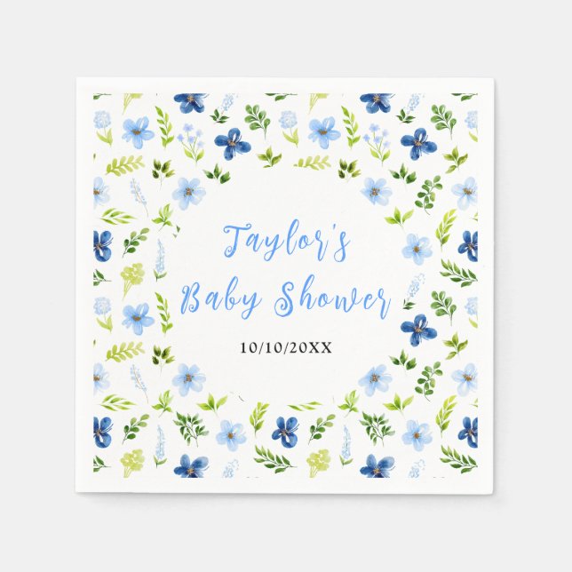 Serviette En Papier Navy and Baby Blue Floral Baby Shower (Devant)