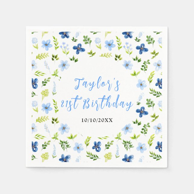Serviette En Papier Navy and Baby Blue Floral Birthday (Devant)