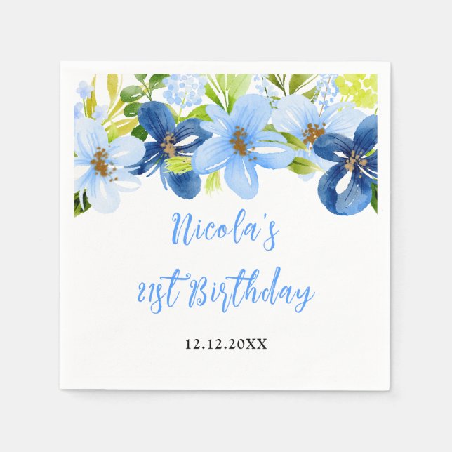 Serviette En Papier Navy and Baby Blue Floral Birthday (Devant)