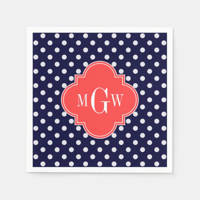 Serviette En Papier Navy Blanc Points de Corail Quatrefeuille 3 Monogr (Devant)