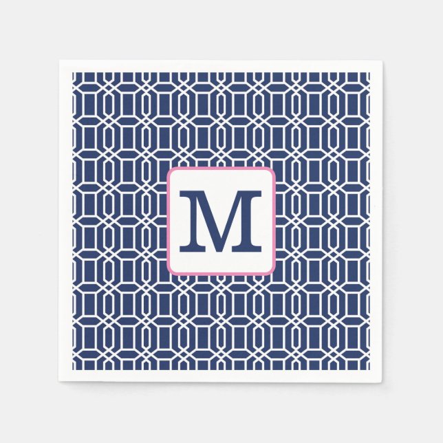 Serviette En Papier Navy Blanc Prépa Monogramme Initiale Octogone (Devant)