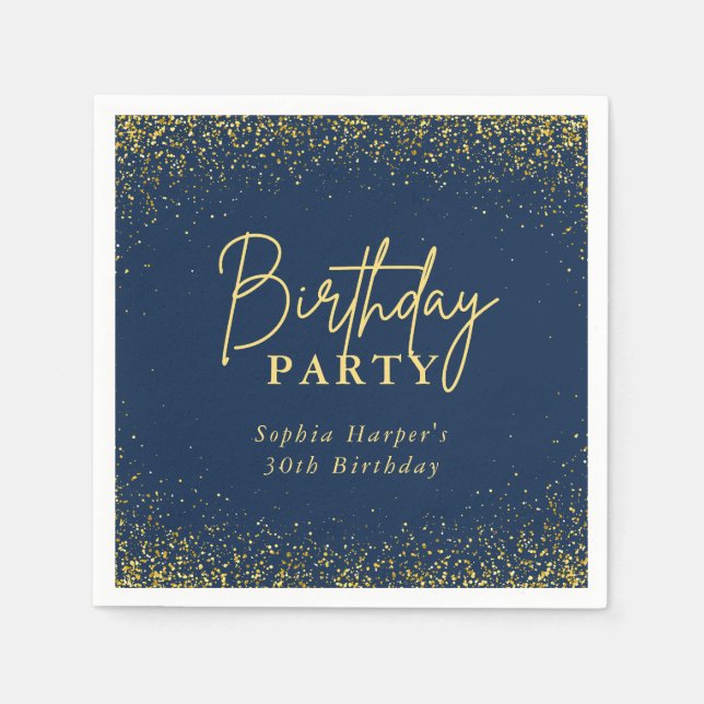 Serviette En Papier Navy Blue and Gold Glitter Confetti Birthday Party (Devant)