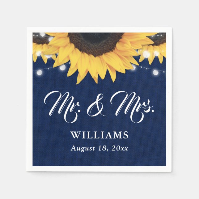 Serviette En Papier Navy Blue Burlap String Lights Sunflower Wedding (Devant)