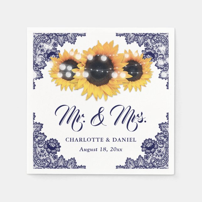Serviette En Papier Navy Blue Floral Lace Sunflower Wedding (Devant)