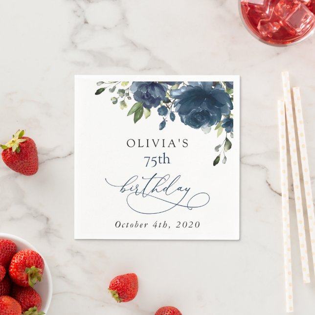 Serviette En Papier Navy Blue Flowers, Greenery, Boho, Birthday (En situation)